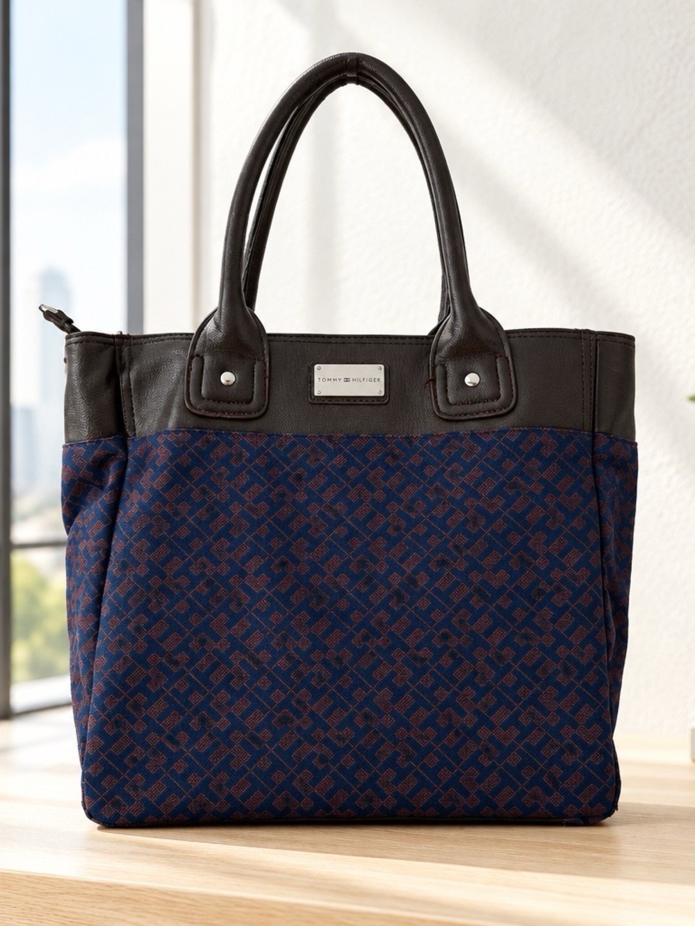 Tommy Hilfiger Navy and Brown Patterned Tote